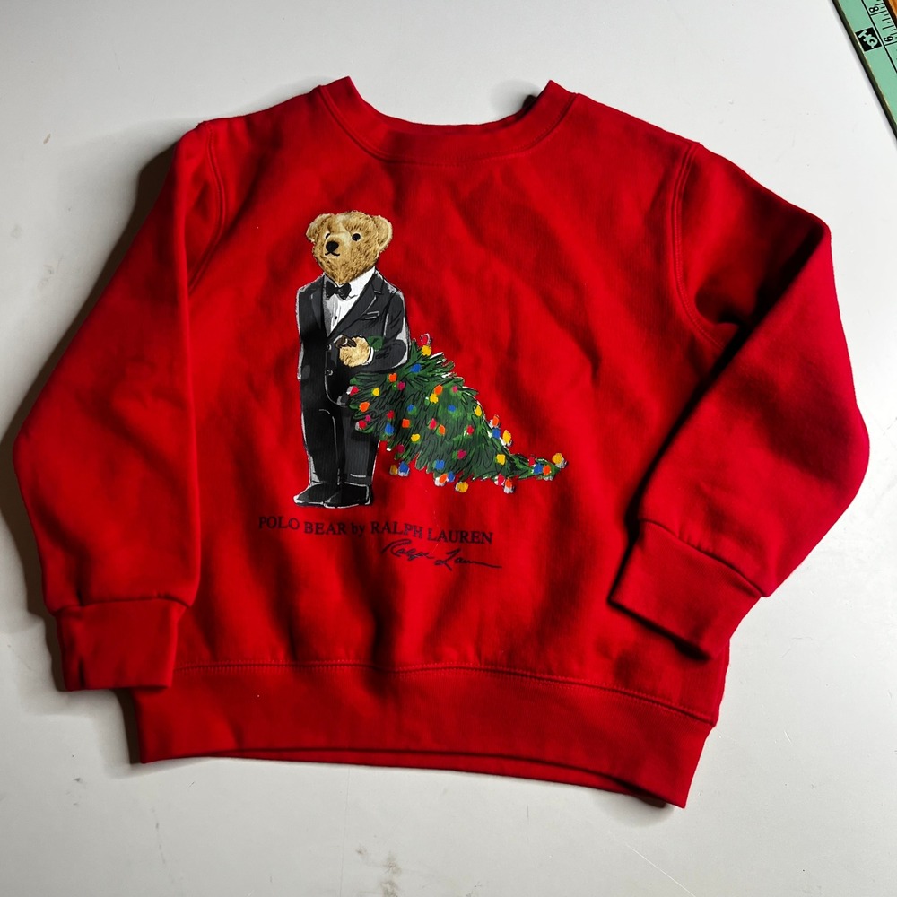 Polo Ralph Lauren Kids Red Polo Bear Tuxedo Christmas Tree Sweatshirt Size 5